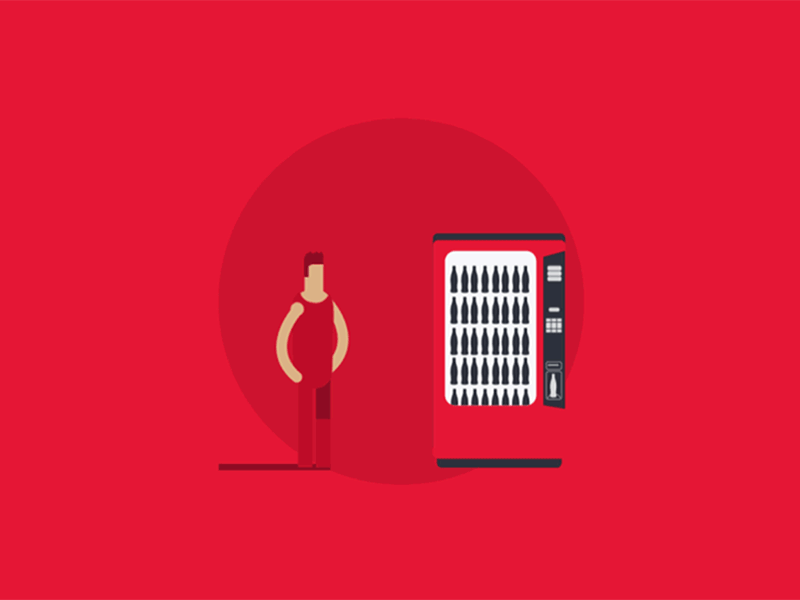 Looped animation of a fully-stocked vending machine, which playfully spits out out a Coke bottle to a cool-looking person, who catches it and juggles it in the air.